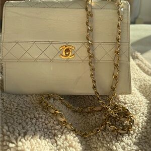 Chanel vintage Cream Crossbody Bag with Gold Chain -24K gold plated hardware.